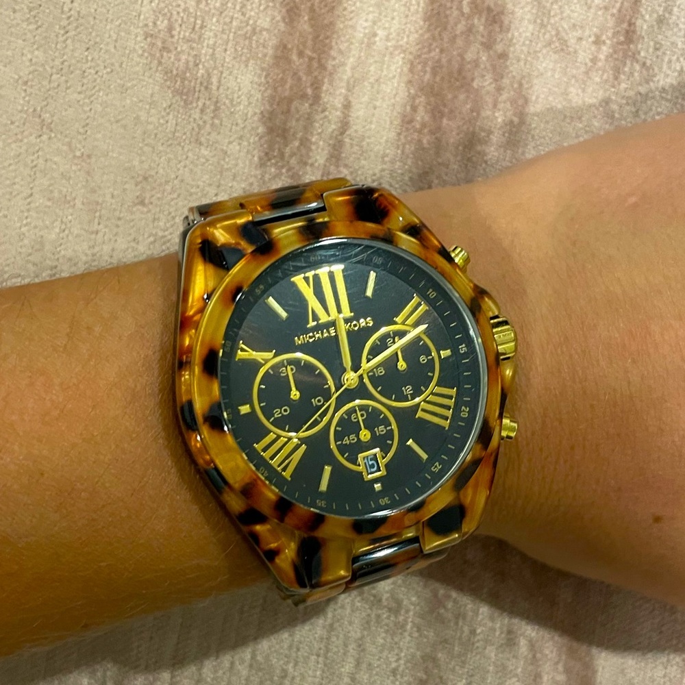 Michael Kors Oversized Tortoiseshell Acetate Watch, Black Gold Accents